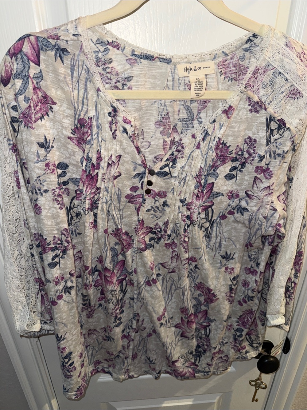 Style & Co. Cream Floral Tunic with Purple and Gray Botanicals